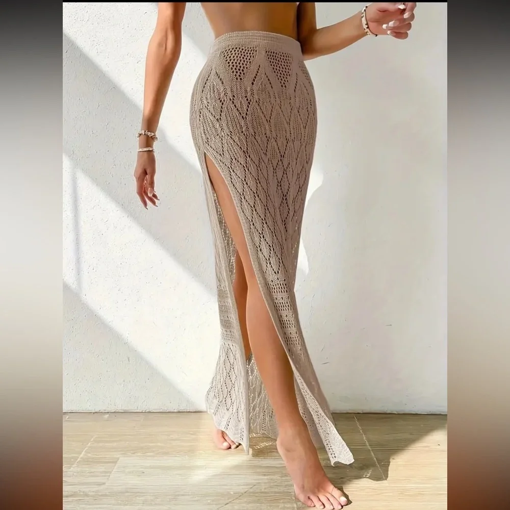 Beige Crochet Knit Maxi Skirt - Picture 3 of 10
